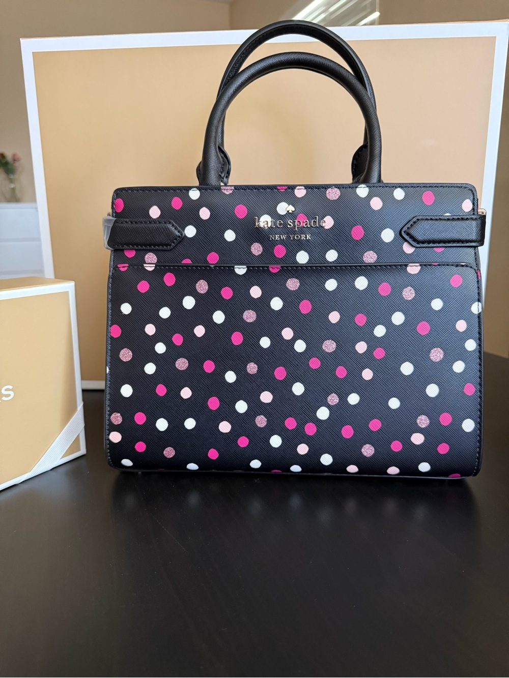 💯% Auethentic Kate Spade Black Polka Dot Satchel with Pink & White Dots - Picture 6 of 12